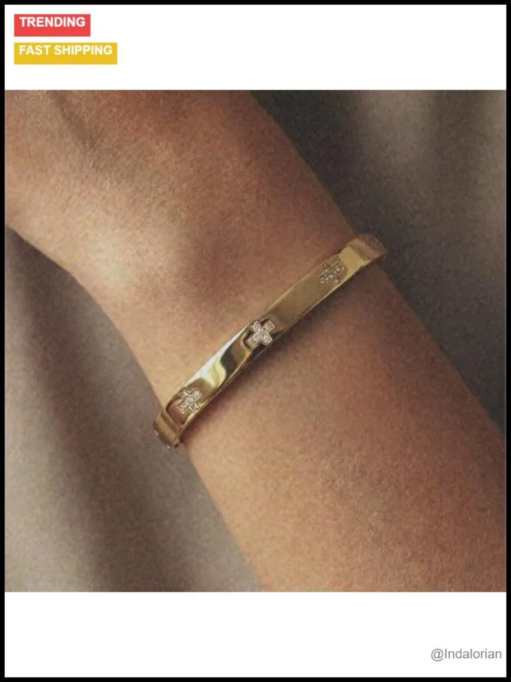 18K Gold-Plated Bangle Bracelet for Women, CZ Cross, Stackable Hinged